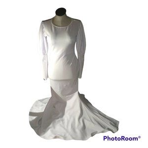 long Modest minimalist Wedding dress with Bell sleeves